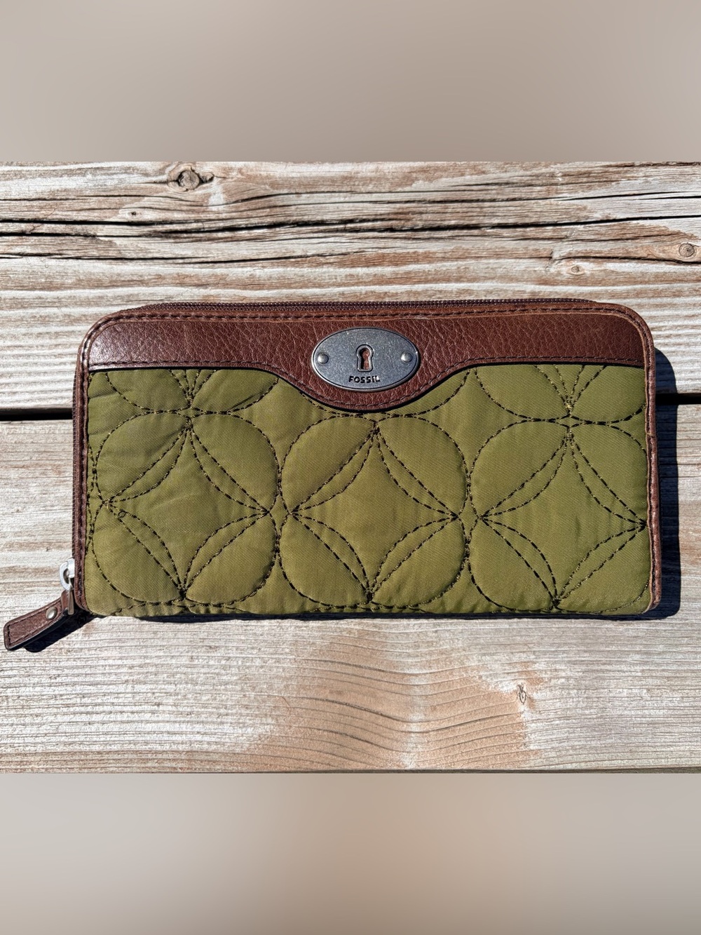 Fossil Olive Green Quilted Zip-around Wallet with Brown Leather Trim